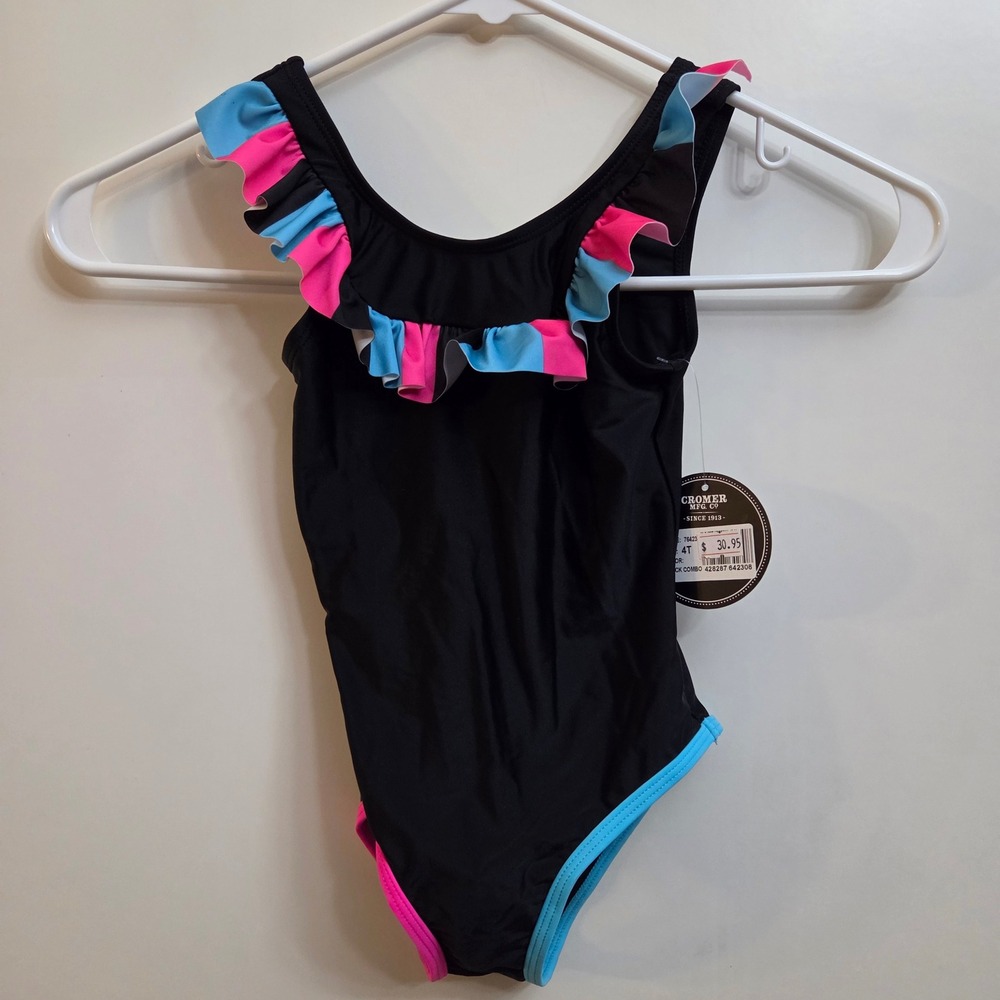 Art & Sol Girls 4T One Piece Swimsuit Black Pink Blue Ruffle 76423 NWT
